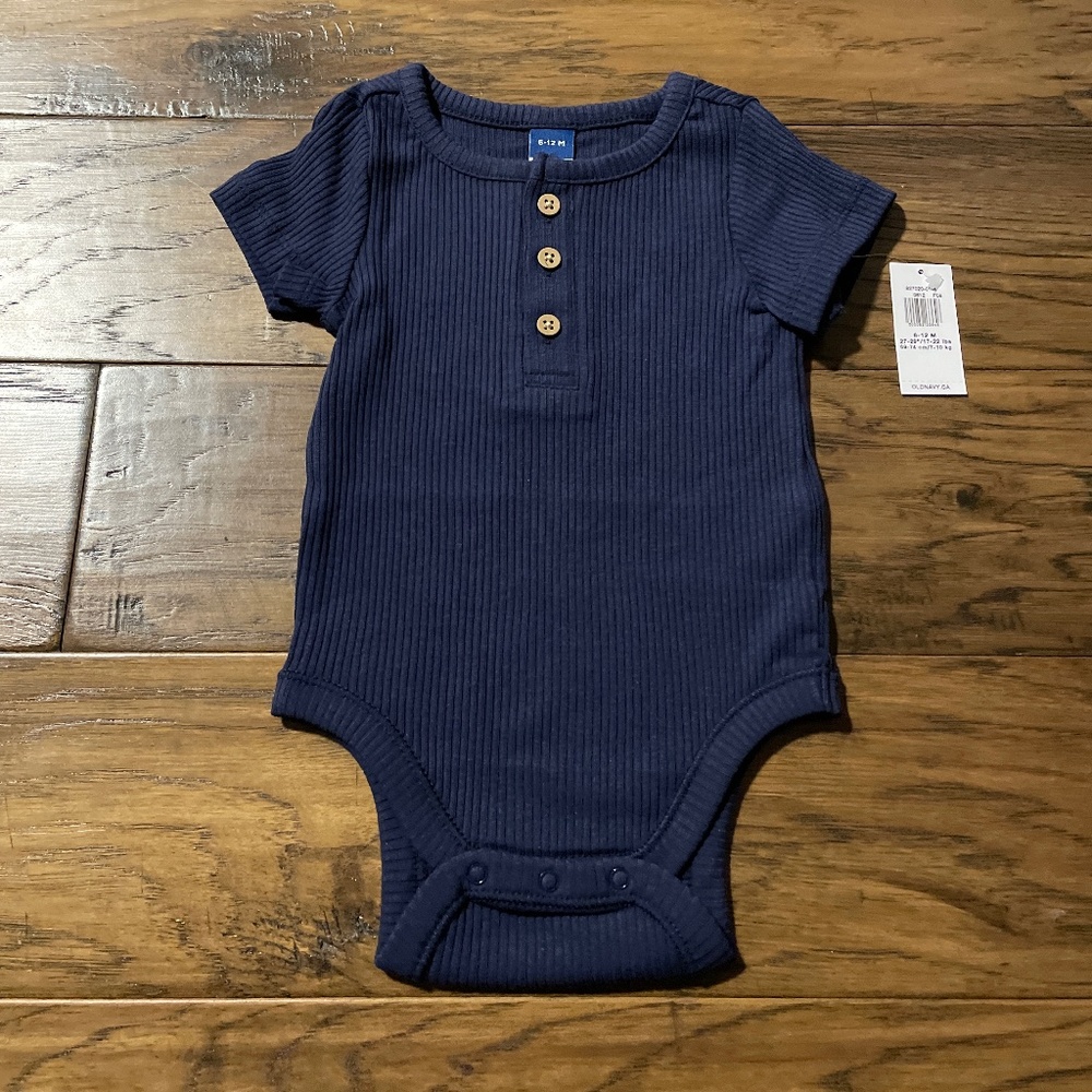 New Old Navy henley rib knit bodysuit onesie navy blue size 6-12 months